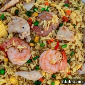 Shrimp and chicken fried rice in a white dish, a hearty and complete meal.