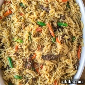 Beef Fried Rice in oval serving bowl, a complete and flavorful one-pot meal.