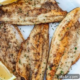 Pan Seared Sea Bass filets on a white plate, delicate and flaky.