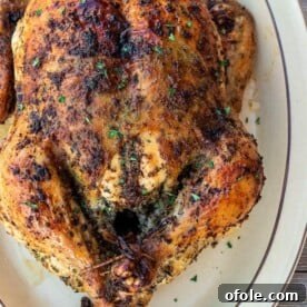 Whole herb roasted chicken on a platter, golden brown and perfectly cooked.