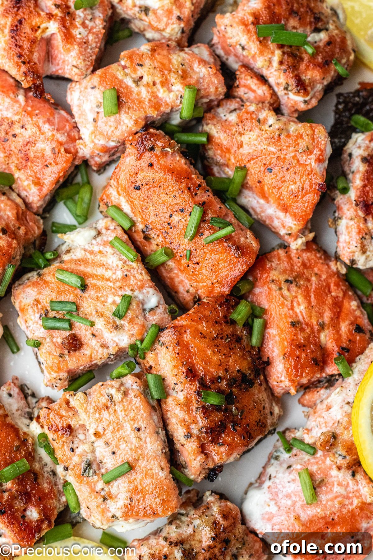 About 1-inch sized salmon bites on a white plate, perfect as an appetizer or main.