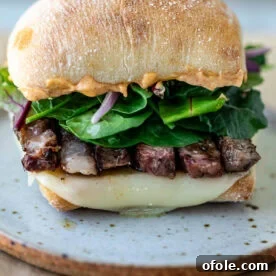 Ribeye Steak Sandwich with ciabatta bread, hearty and delicious.