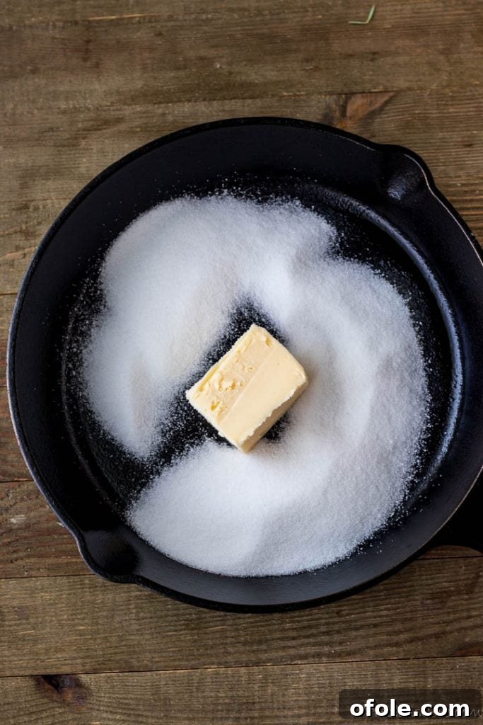 Butter and sugar in cast iron skillet