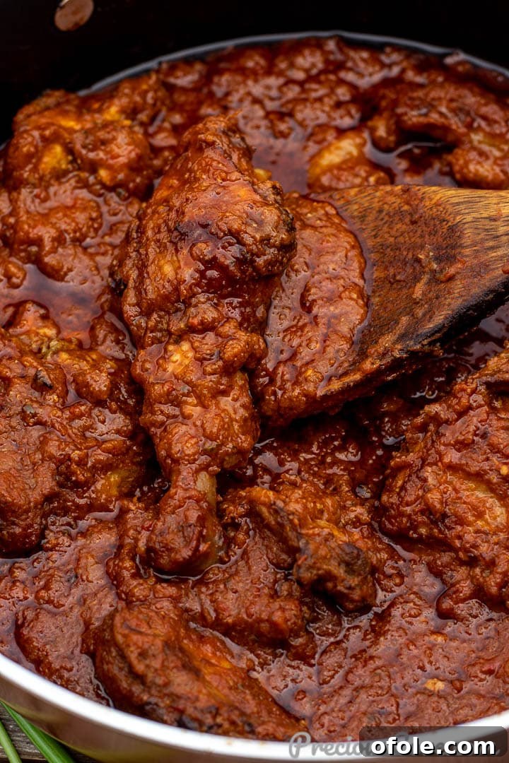 Close-up of a rich, red tomato chicken stew simmering gently in a pot.