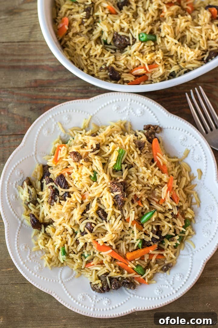 A perfectly plated serving of Beef Fried Rice, garnished and ready to enjoy.